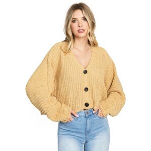 Love Tree Women's V-Neck Slouchy Knit Crop Cardigan Honey Sz M Mustard Oversized
